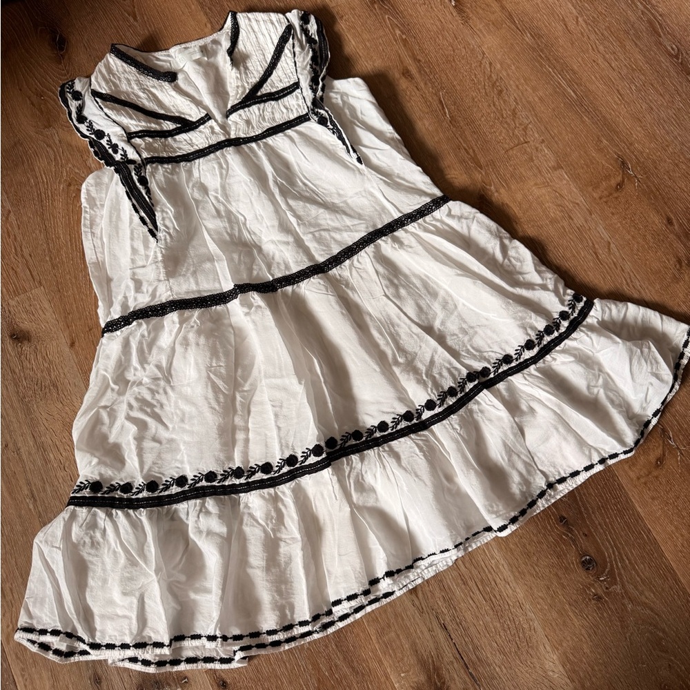 Zara Embroidered White Dress with Black Trim Elegant Tiered Summer Dress Size XS